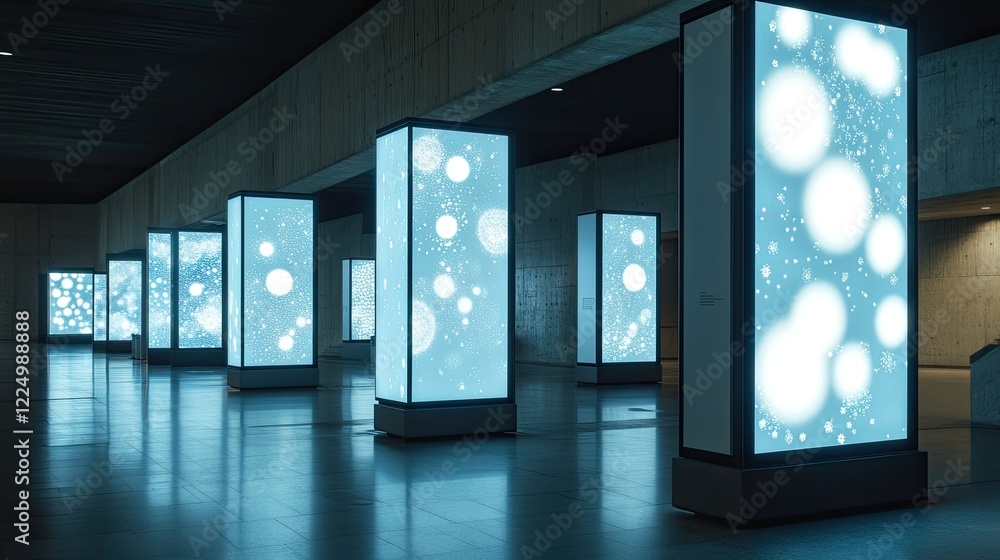 Poster a sleek led display showing glowing symbols and patterns, arranged in an abstract design with space 
