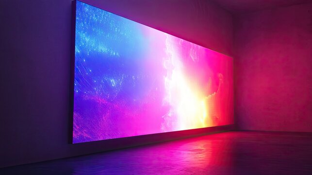 A sleek LED display screen glowing with colorful data visualization elements, offering ample space on the right for design.