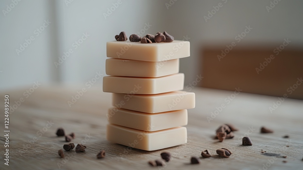 Poster a stack of milk chocolate squares with a soft-focus background and cocoa nibs scattered around.