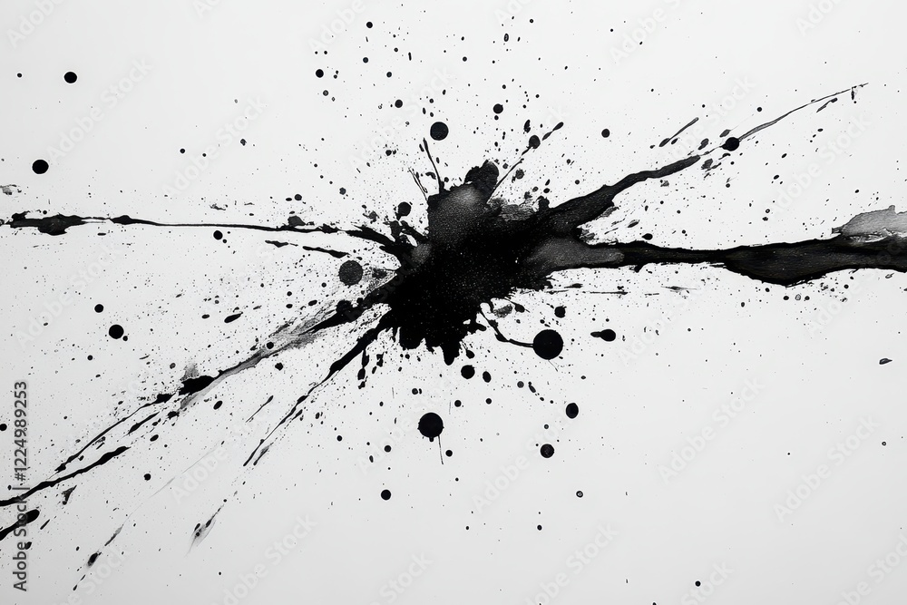 Poster black ink splatter on a clean white background creating an abstract artistic design