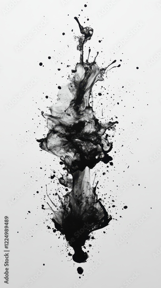 Poster black and white ink splash on a white background creating abstract artistic patterns and textures