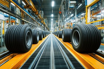 Rows of new tires on a conveyor belt in a factory. Illustrates industrial tire manufacturing and production processes.