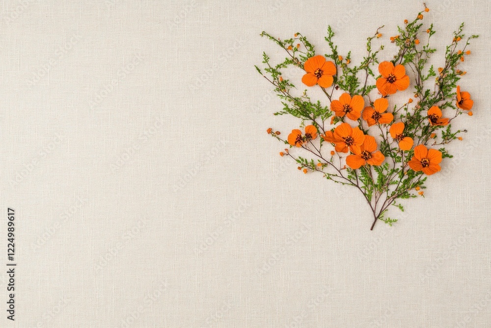 Wall mural Vibrant orange flowers on a neutral textured background, creating a serene and uplifting atmosphere suitable for wellness concepts and nature inspired designs