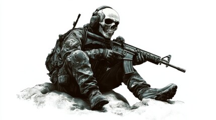 Illustration a soldier with a skull and a rifle on a white background