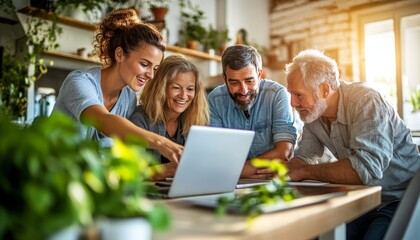 Naklejka premium Caregiver Explains Information Online to Seniors Sunny Day, Bright Room, Warm Professional Photo