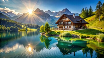 Fototapeta premium Swiss Lakeside Chalet, Alpine Mountain Views, Rural Idyll