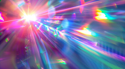 Neon Prism with Defocused Light Flares and Glowing Disco Rays on Abstract Background