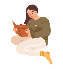 A young girl immersed in her book as a pastime. Flat vector illustration of a woman enjoying a good book.