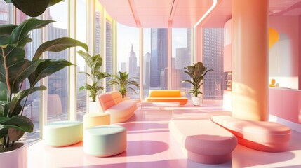 Futuristic office design with modular furniture and a panoramic city view bathed in a warm pink hue