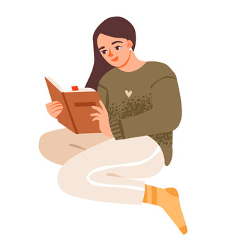 A young girl immersed in her book as a pastime. Flat vector illustration of a woman enjoying a good book.