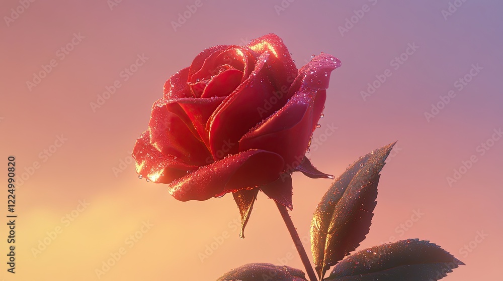 Poster close-up of a single red rose with dewdrops on its petals, isolated on a soft gradient background.