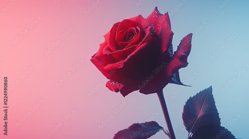 Poster close-up of a single red rose with dewdrops on its petals, isolated on a soft gradient background.
