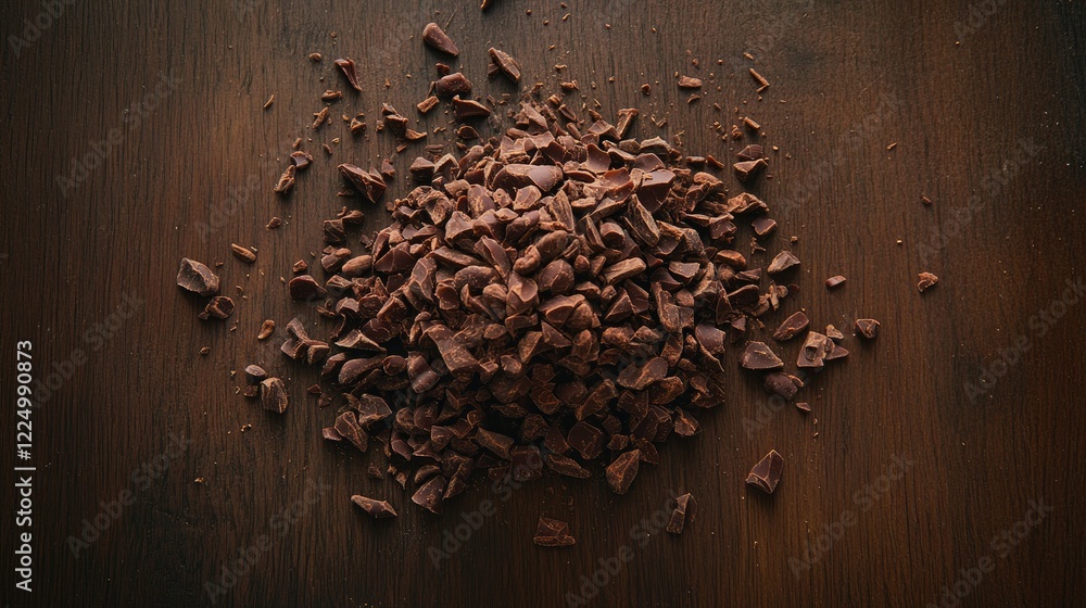 Poster close-up of chocolate chunks and cocoa nibs scattered on a dark wooden background.