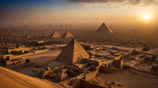 Historic view of Cairo showing the Pyramids at sunset with the city skyline in the distance