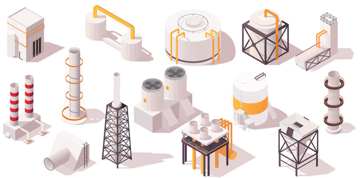 Collection of industrial structures including tanks, chimneys, and towers in isometric style on white background. Concept of industry. Vector illustration