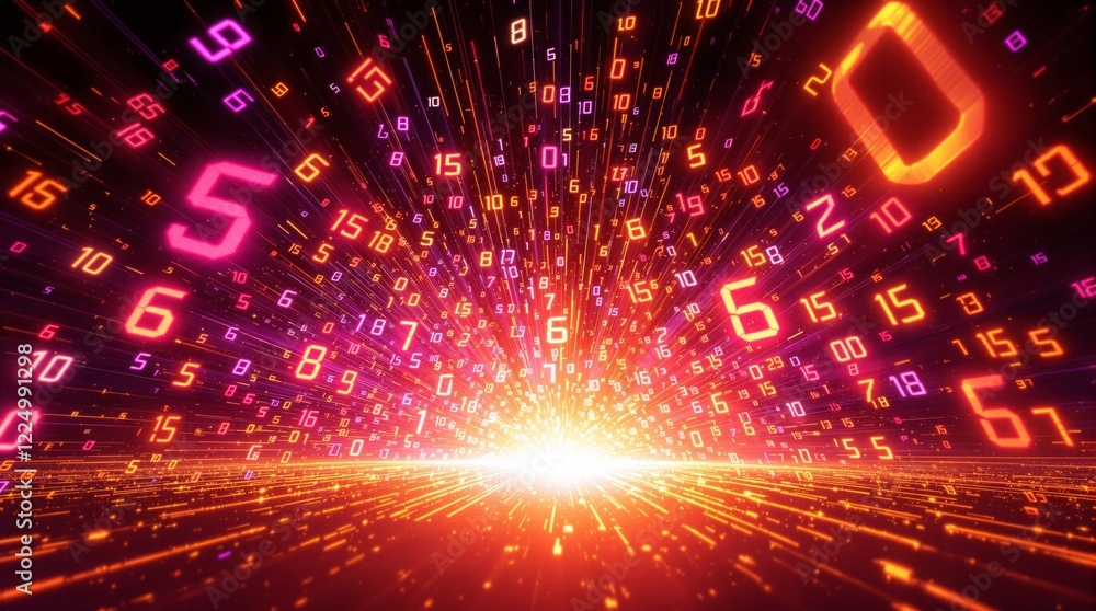 Poster bright digits in glowing colors form a tunnel-like effect on a dark background, symbolizing data, te