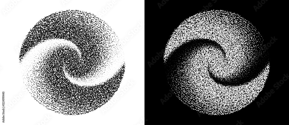 Poster Abstract art background with dotted spiral. Stipple effect with chaotic noise. Black shape on a white background and the same white shape on the black side.