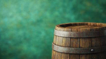 Fototapeta premium Wooden barrel against a green textured background.