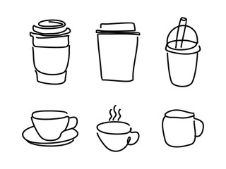 set of coffee cup hand drawn line art design vector illustration on transparent background