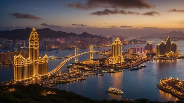 Glamorous skyline view of Macau, China showcasing illuminated buildings and bridges during twilight hour over the harbor