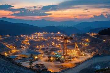 Nighttime view of an illuminated gold mine, showcasing mining operations against a mountainous backdrop. Illustrates large-scale mining, industrial activity, and resource extraction.