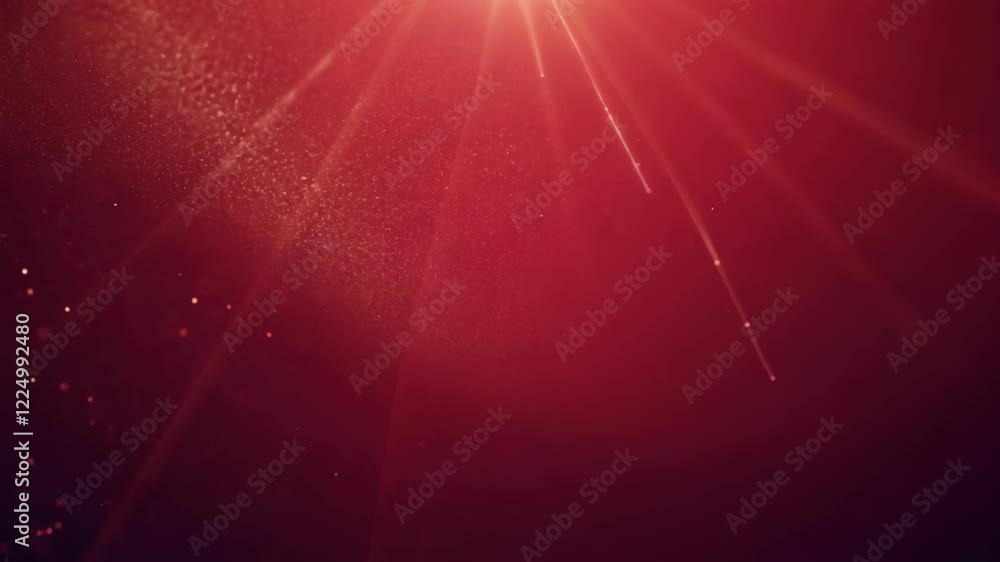 Poster light rays shining from above with bokeh and particles on glowing red background looping