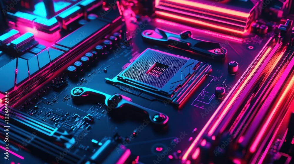 Poster a detailed close-up of a motherboard with illuminated components and intricate circuit details