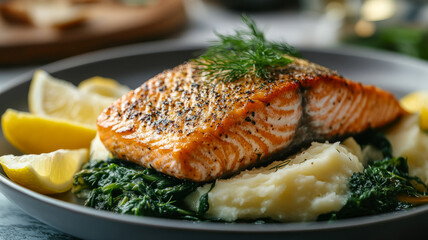 Grilled salmon on mashed potatoes with spinach and lemon.