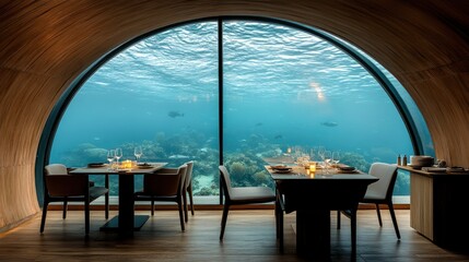 A serene underwater restaurant with large circular windows showcasing vibrant marine life and coral gardens