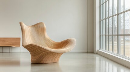 Modern sculptural chair in minimalist interior bathed in natural light emphasizing organic design and aesthetics