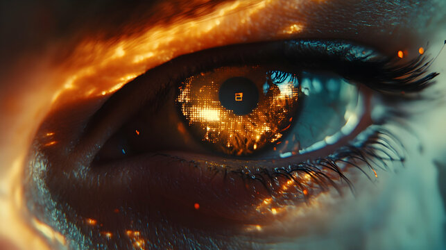 Close-up of a human eye with a futuristic digital interface, representing technology and innovation in a digital world  -