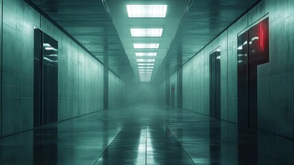 Obraz premium Long hallway illuminated by a red light creating a dramatic and moody atmosphere