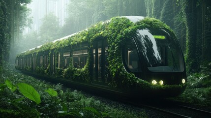 Futuristic eco-friendly train surrounded by lush greenery in a serene, post-apocalyptic forest setting
