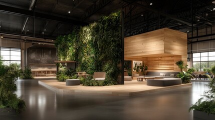 Fototapeta premium A modern indoor workspace featuring biophilic design elements and sustainable materials in a spacious environment