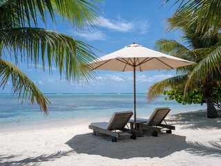 Serene Tropical Beach With Loungers Under Palm Trees and Umbrella