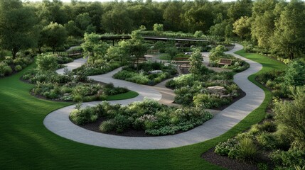 Serene garden pathway winding through lush greenery with benches and natural landscaping inviting relaxation.