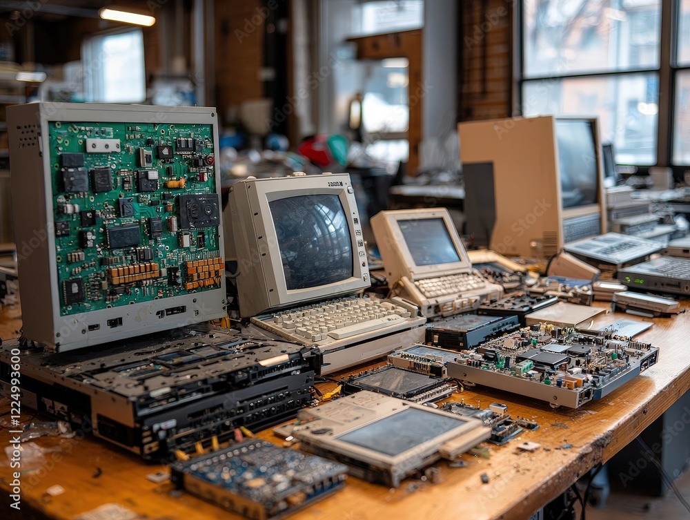 Poster vintage electronics collection with old computers and circuit boards on a wooden table in a workshop