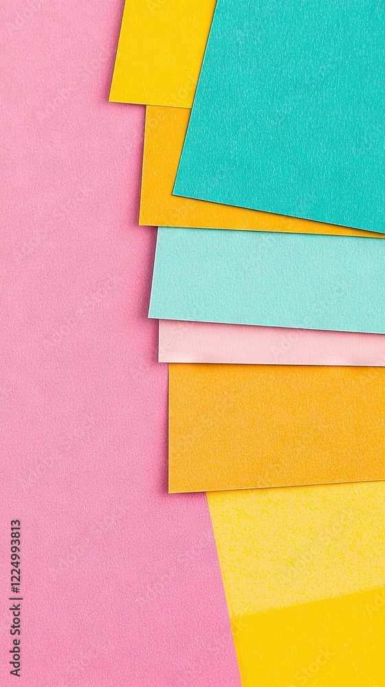 Poster a stack of diverse colored sheets against a gradient backdrop featuring a dark feline perched on one
