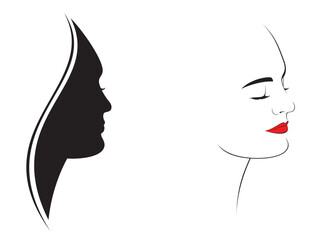 Vector set of outline and silhouette abstract female woman's face profile, isolated, illustration on white background.