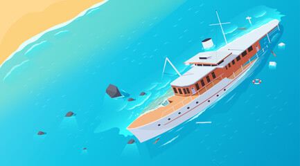 Damaged boat sinking near the shore with debris and lifebuoy floating in turquoise water, beach seen. Vector illustration
