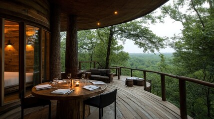 Fototapeta premium Serene dining experience amidst lush greenery in a luxurious treehouse retreat overlooking expansive forest views