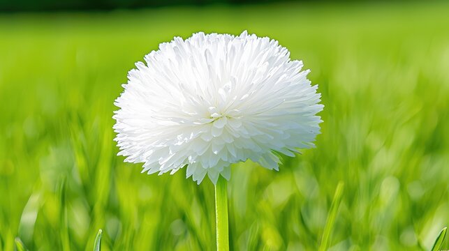 White pomponette daisy flower blooming in a vibrant green grassy field during bright daytime.