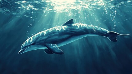 Fototapeta premium Majestic Dolphin Swimming Gracefully Through Sunlit Water in an Underwater Scene