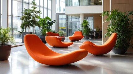 Large modern office area features vibrant orange lounge chairs and abundant green plants under natural light