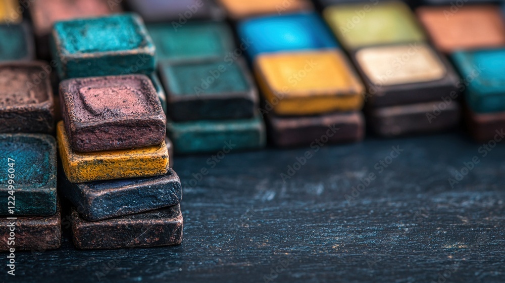 Poster a colorful set of wood blocks rests on a black table near a stack of mixed wooden blocks