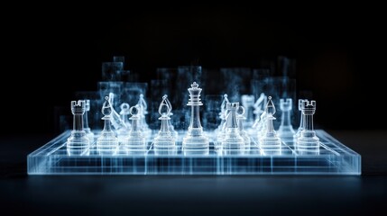 A futuristic glowing chess set illuminated in a dark environment, highlighting the strategic essence of the game.
