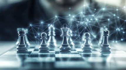 A futuristic chess game with digital elements showcases strategy and thinking in a visually engaging setting