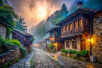 Obraz premium Traditional Bulgarian Village Kotel: Wooden House on Cobbled Street in the Balkan Mountains