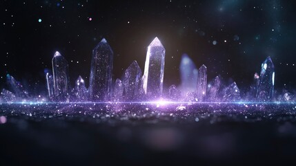 Obraz premium A serene collection of crystal formations glistening under a starry sky, capturing the essence of tranquility and wonder