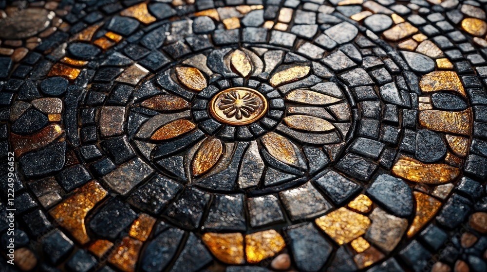 Poster close up view of a circular stone table with textured surface and natural patterns
